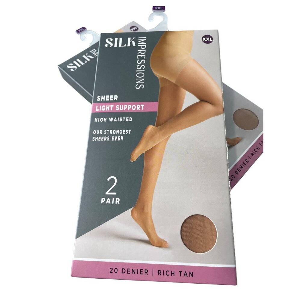 Silk Impressions Pantyhose Size XXL Sheer Light Support Tan 2 Pair 20 Denier NEW